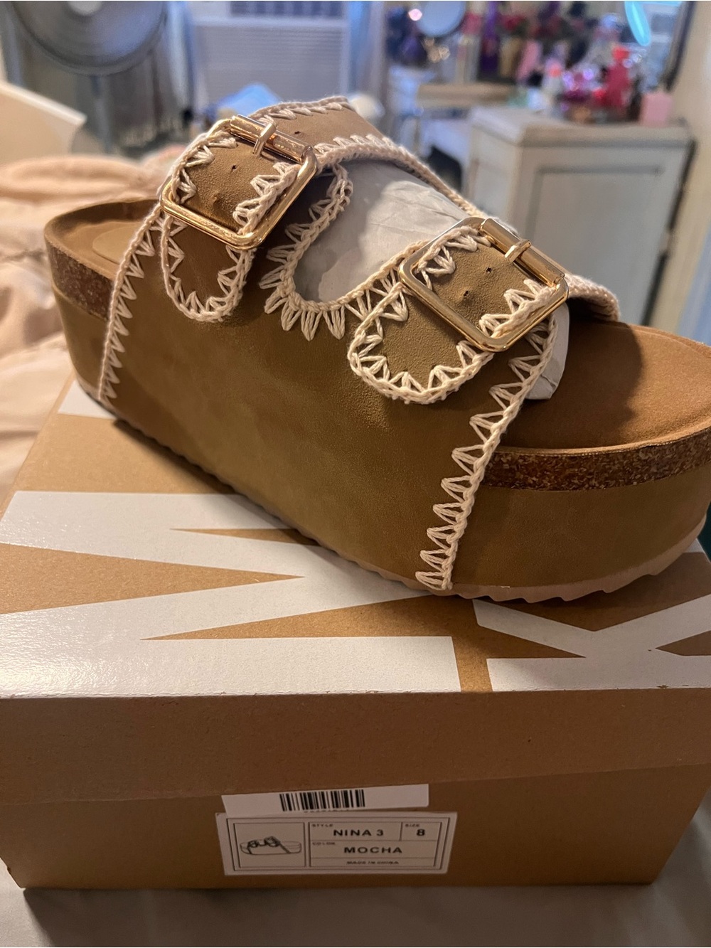 Mocha Platform Slide Sandal with Decorative Stitching